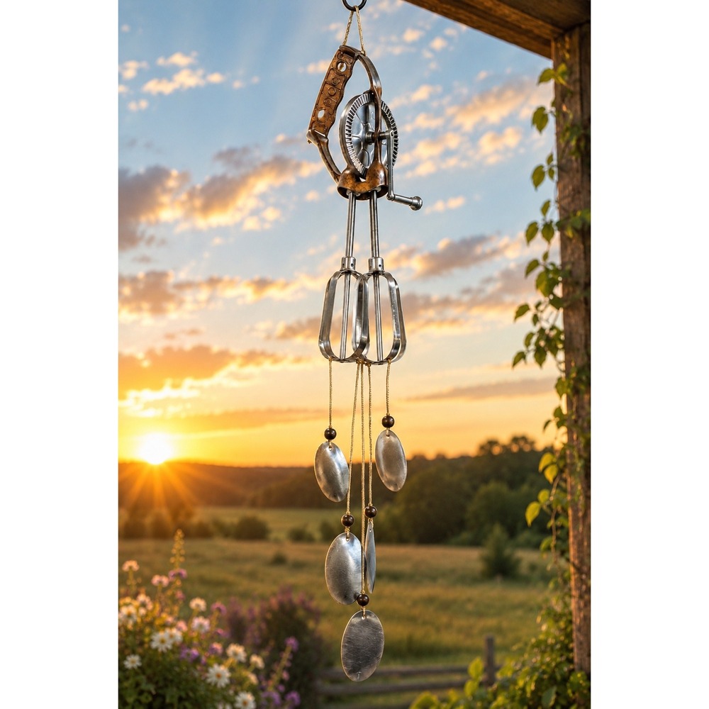 Vintage Unique Upcycled Rustic Hand Mixer Wind Chime Art Garden Decor EggBeater